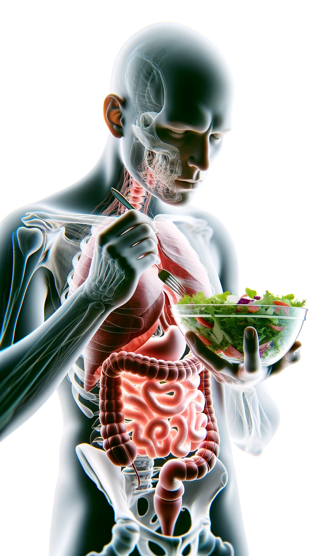 corpo umano anatomico con intestino in evidenza mentre mangia un'insalata con espressione neutra in volto, iperrealistico 4k, isolato su sfondo bianco emoji