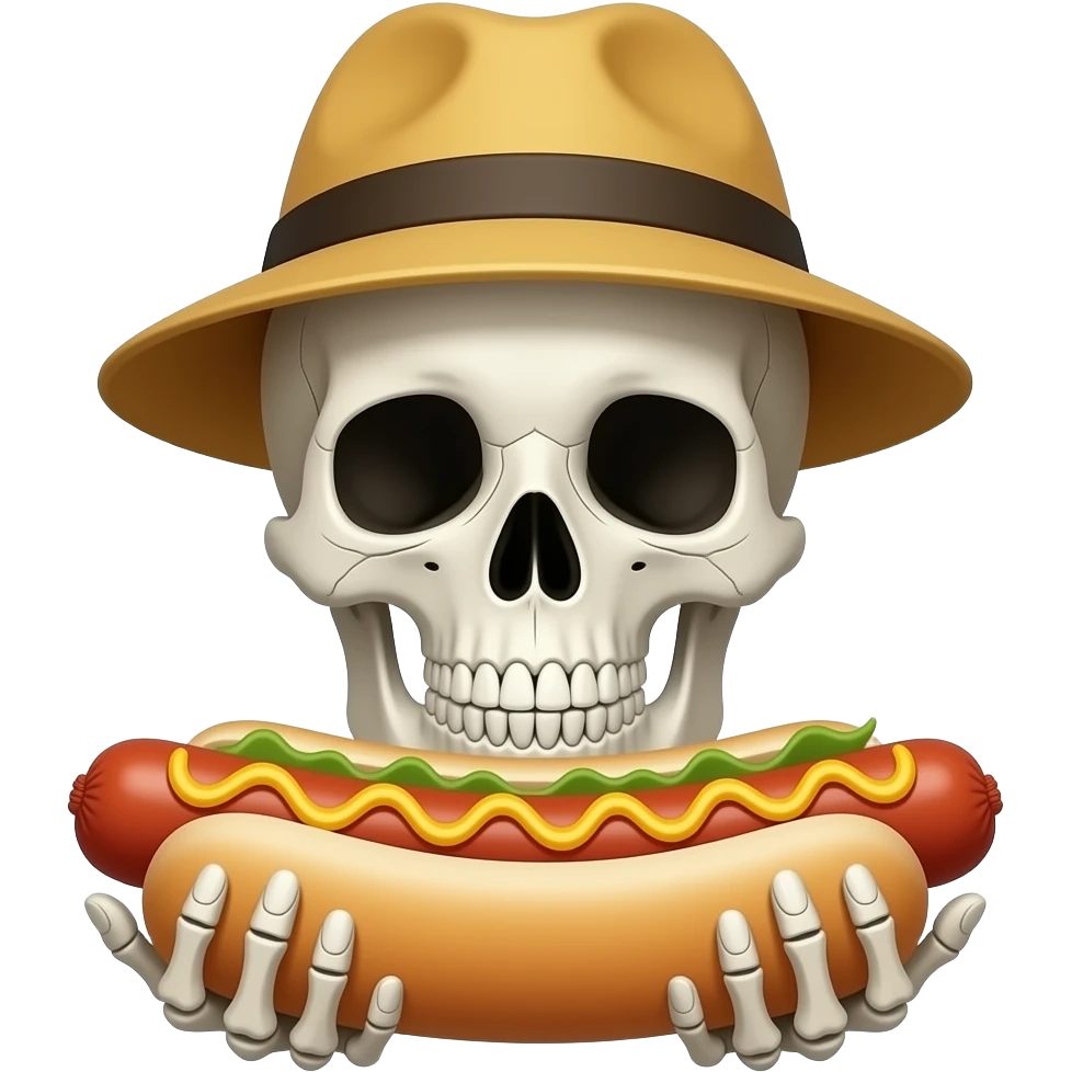 skeleton with face close up holding a hot dog in hands and wear yellow hat emoji