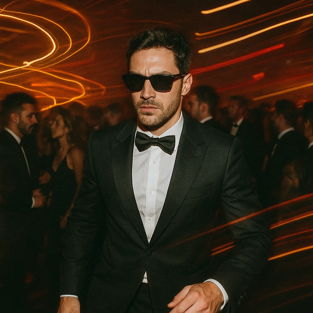 Create a photo inspired by the reference image of a man in stylish streetwear or a fitted tuxedo jacket and sunglasses, moving through a packed nightclub with a focused expression. The scene includes a sharply dressed crowd, motion blur, long exposure light trails with yellow-orange streaks, gritty camera texture, and raw chaotic energy. The image should be in 4K resolution. emoji