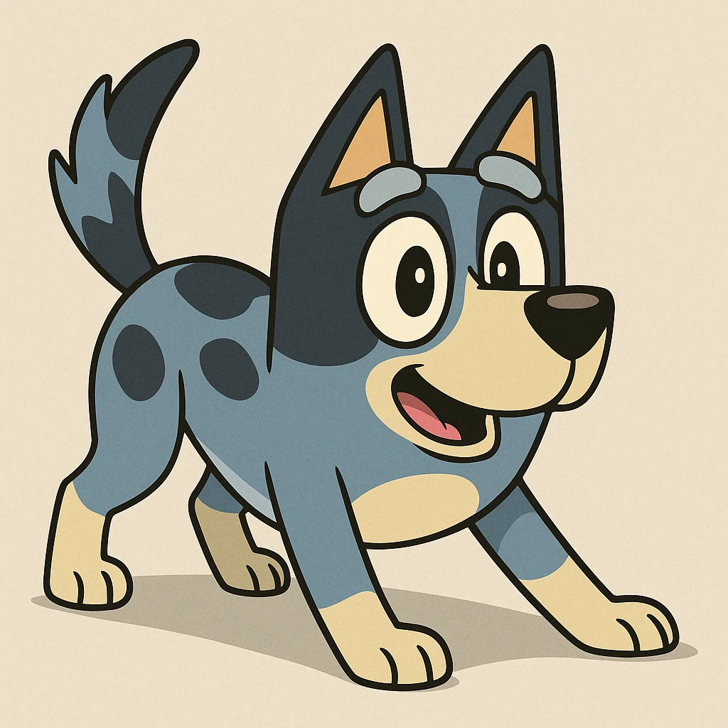 cartoon style black grey and white blue heeler dog in playful stance with big eyes and wagging tail emoji