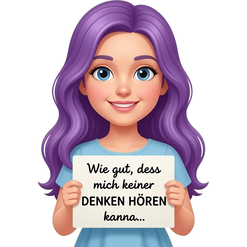 girl with long purple hair holding a Wie gut, dass mich keiner DENKEN HÖREN kann... sign emoji