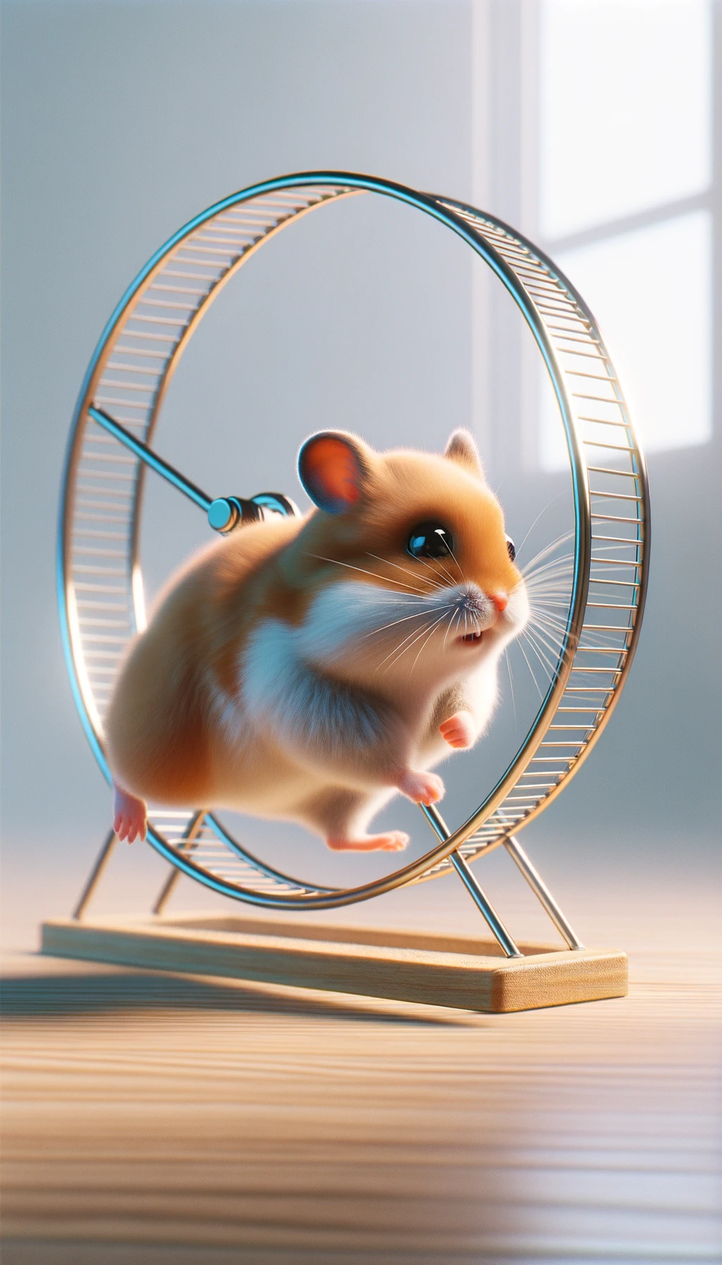 criceto stressato che corre sulla ruota, sfondo chiaro, iperrealistica 4k emoji