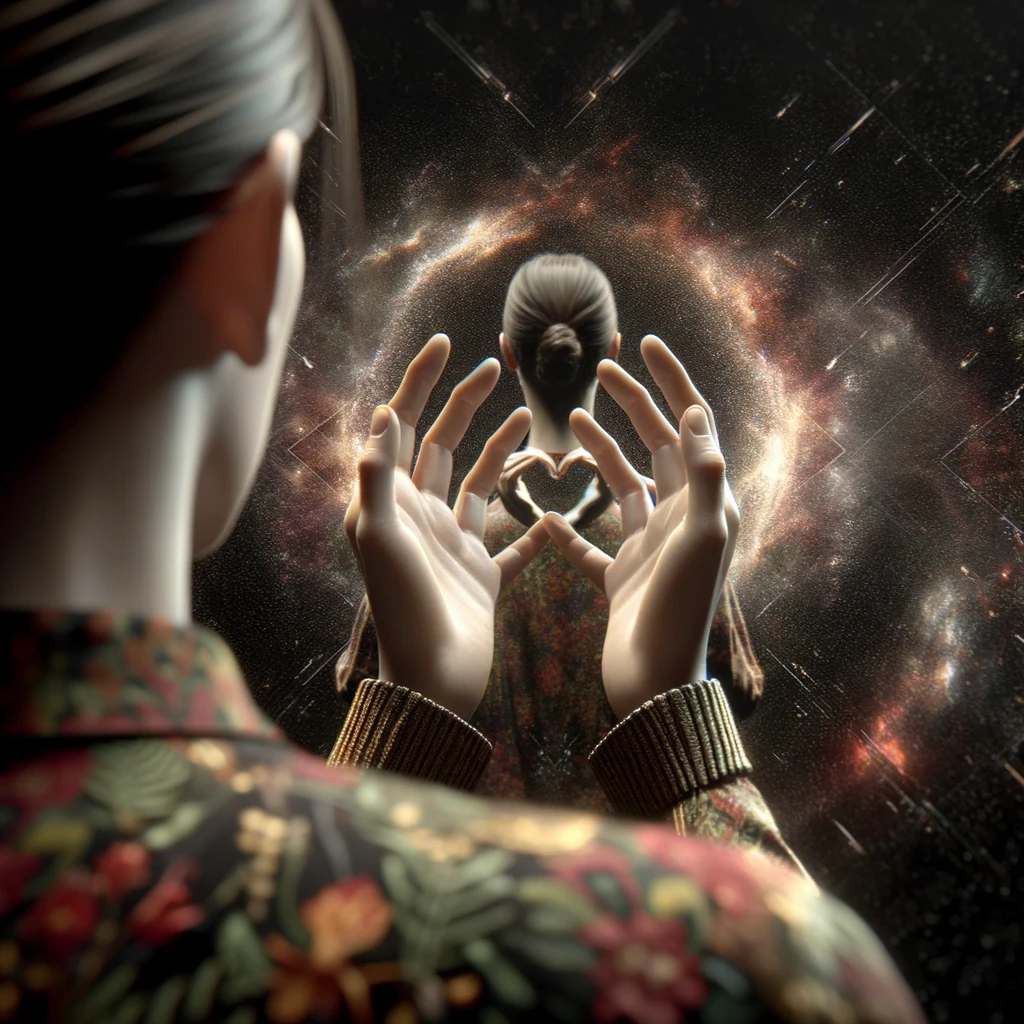 DONNA DI SPALLE CHE SI GUARDA ALLO SPECCHIO CREANDO UN CUORE CON LE MANI, iperrealistico 4k emoji