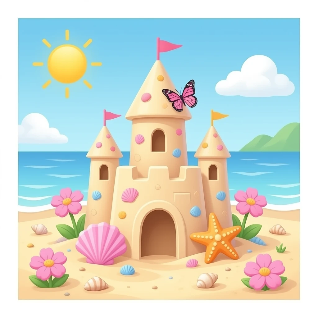 Cute pastel sandcastle on a beach, decorated with seashells, starfish, pink flowers, and a butterfly, whimsical fantasy style emoji