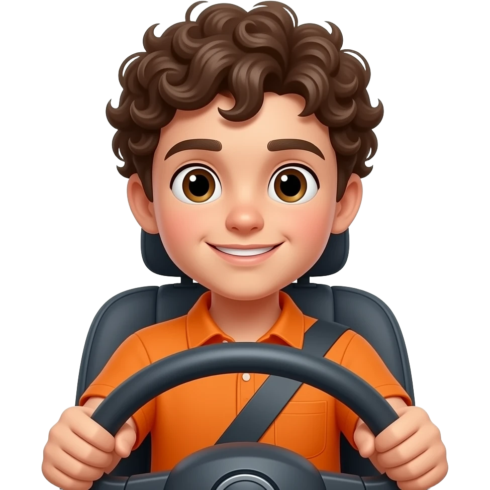 a boy in orange shirt curly hairs driving with seat belt close up full steering wheel emoji