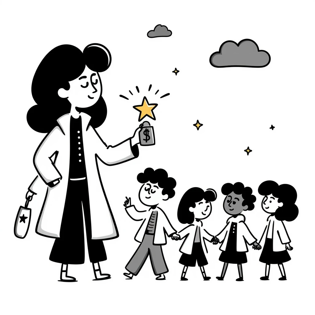 hand-drawn warm illustration of a gentle teacher with a star-shaped lantern, leading a group of people through a soft, welcoming night emoji