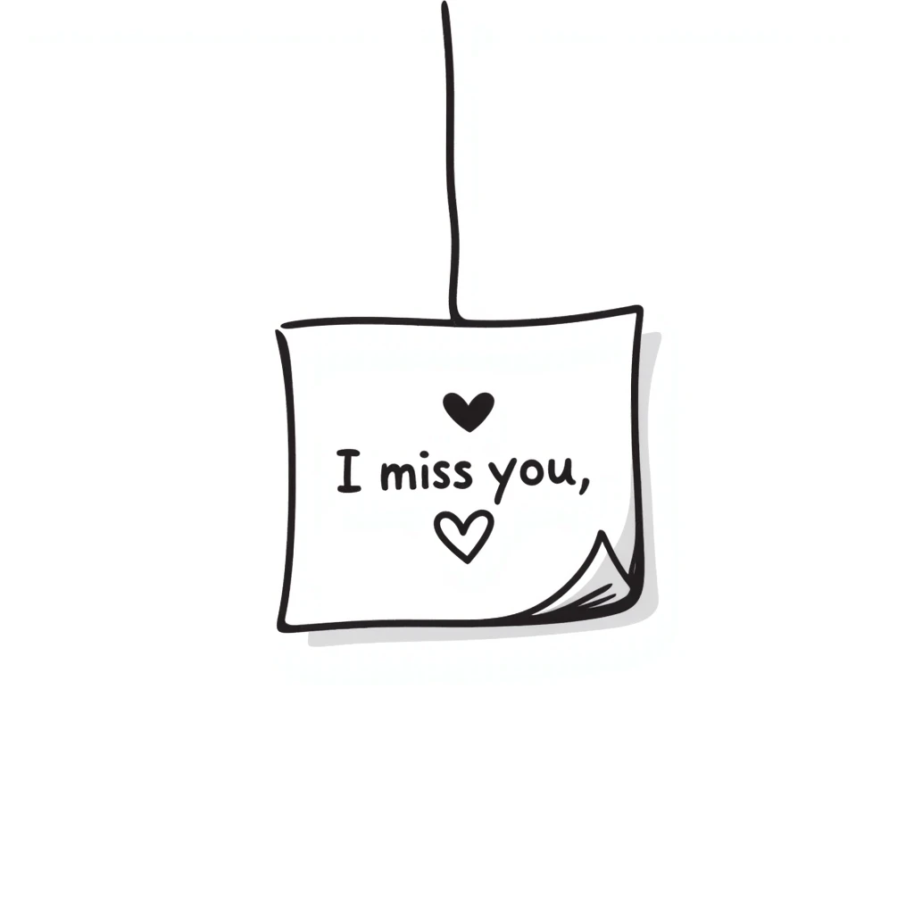 Sticky note that says "I miss you" with a heart emoji