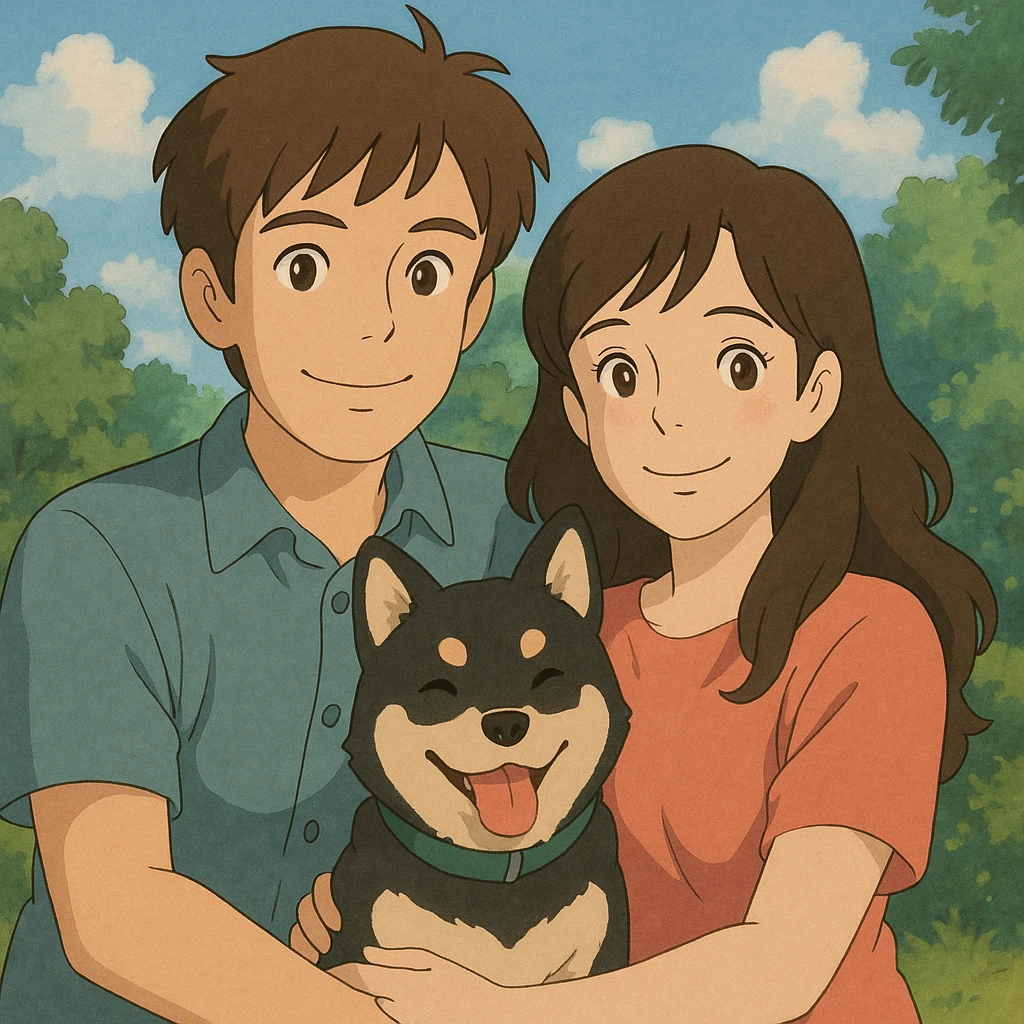 couple with pet posing for photo emoji