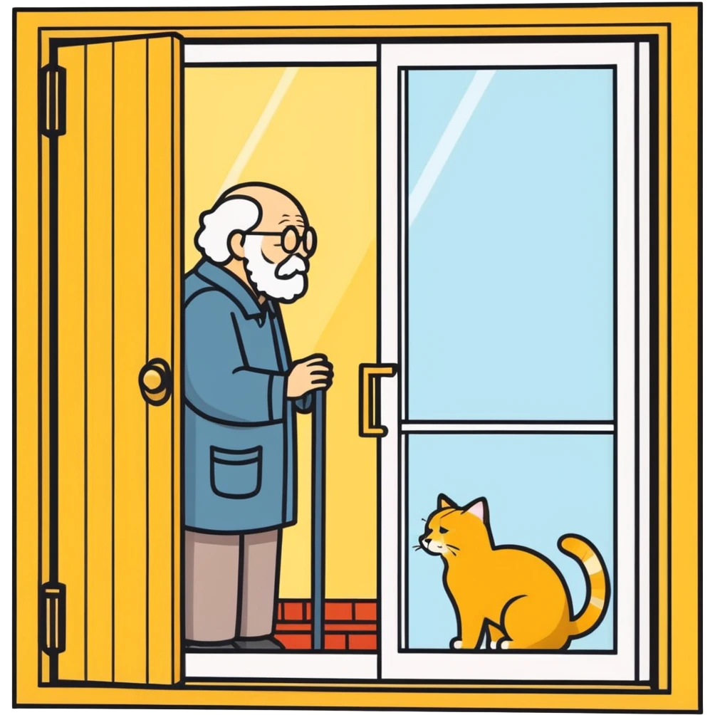  old blind man  looking through glass door at ￼his golden cat  emoji