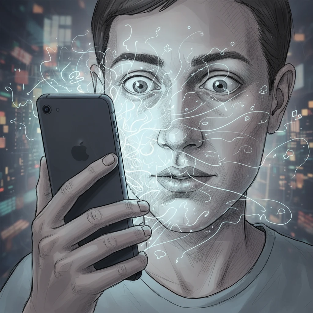 Лицо человека, который держит близко перед лицом смартфон и экран будто бы засасывает его мысли и лицо, слегка рисованный но при этом реалистичный и объемный стиль emoji