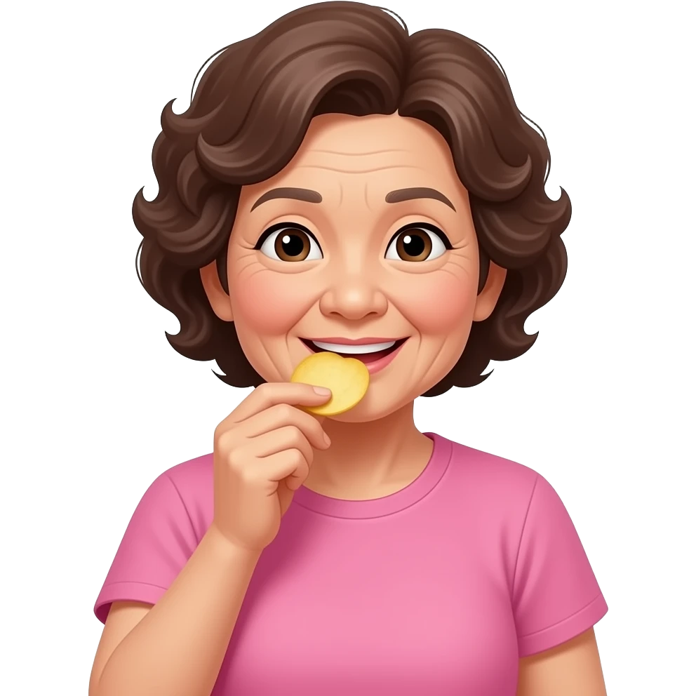 Asian grandma wearing pink tshirt with curly short brown hair eating potato chips emoji