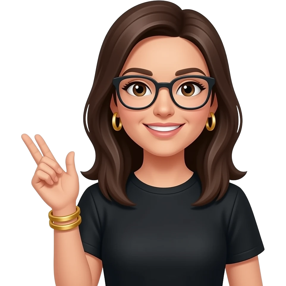 dark brown straight hair, glasses, marketing, recruiting, gold bracelets and gold earrings, in black tshirt emoji
