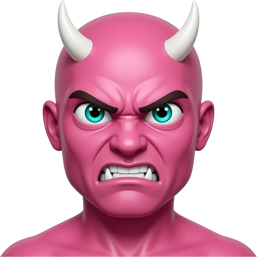 Glossy pink devil emoji with white horns, glowing teal eyes, and small sharp fangs, showing an angry, mischievous expression. emoji