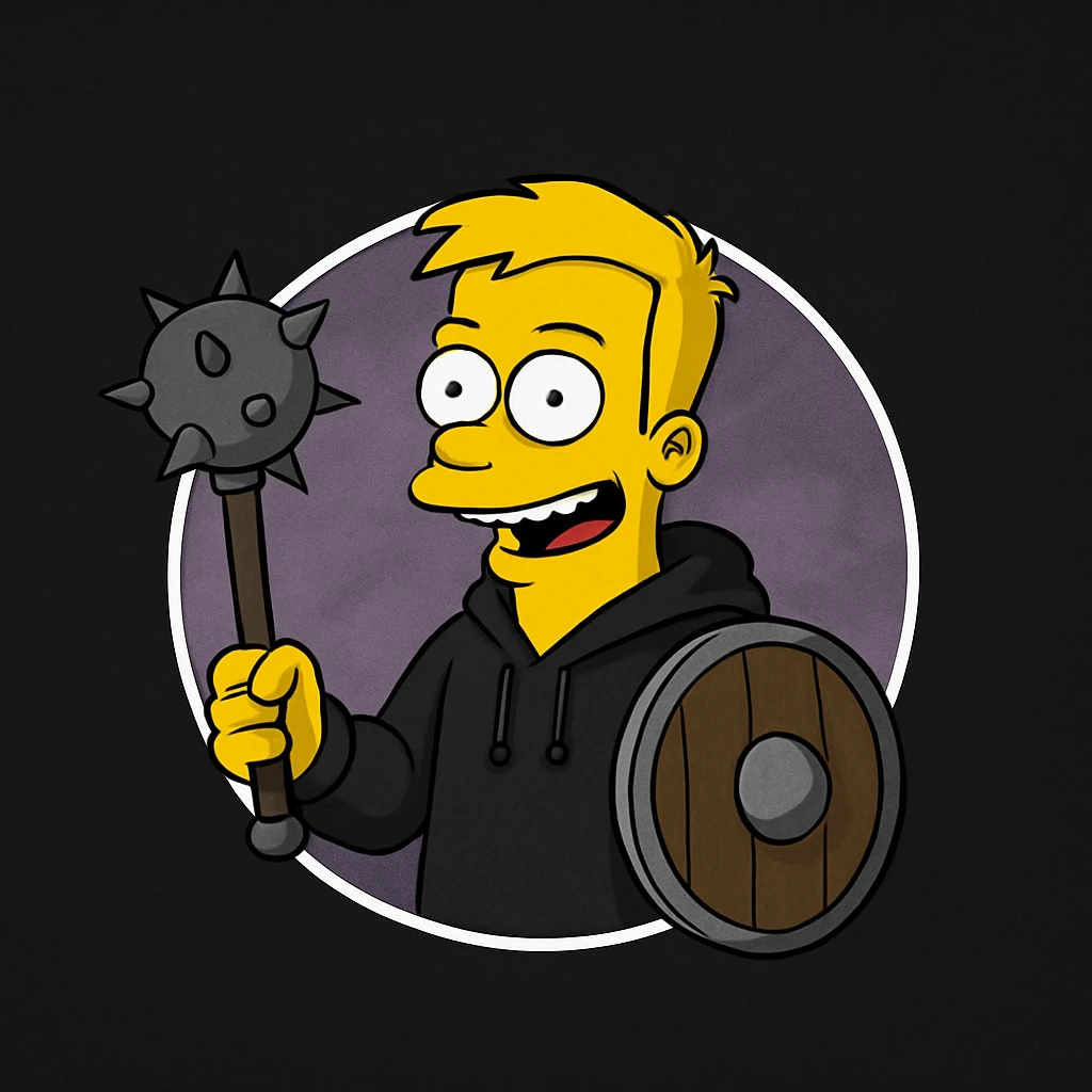 Regenerate the image keeping the same angle, facial expression, clothing, size ratio and shapes, but replace the computer, keyboard, and headset with a medieval mace and shield. Maintain the original style and color scheme as in the reference image. emoji