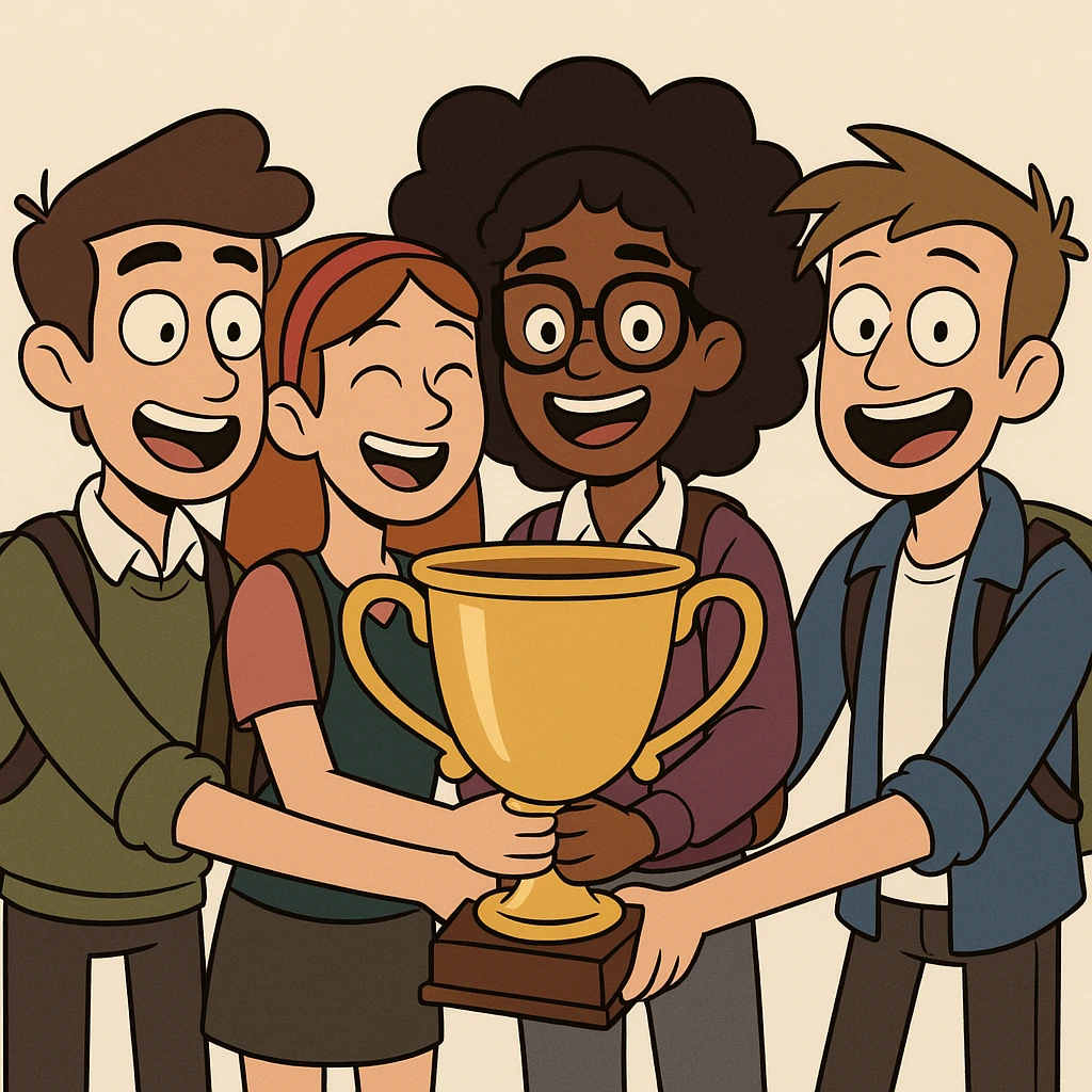 équipe de quatre étudiants, tous souriants, tenant un grand trophée, style dessin animé moderne, fond minimaliste emoji