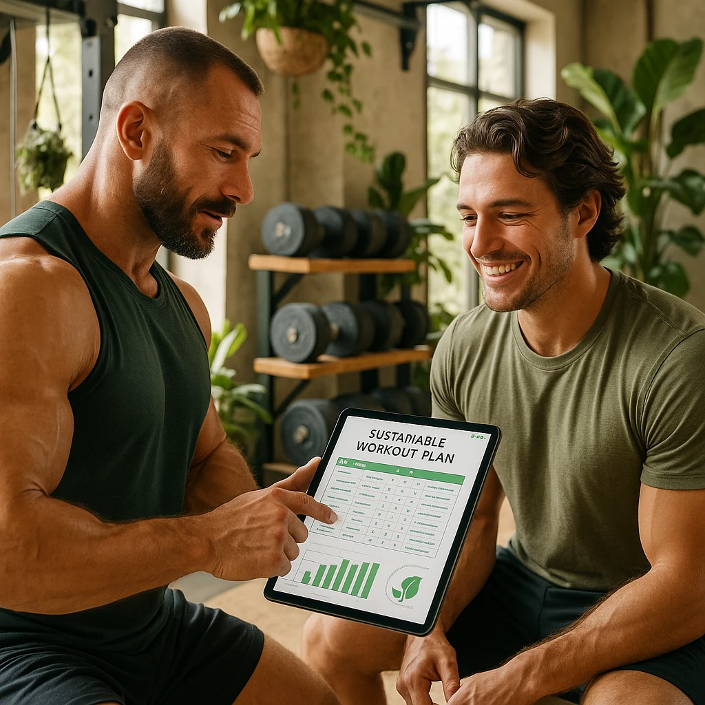 Hyperrealistic 4K image of a bodybuilding coach showing a sustainable workout plan on a tablet to a smiling client in a gym with eco-friendly details like plants and recycled material equipment. Motivational atmosphere with natural light and modern sustainable gym design. emoji