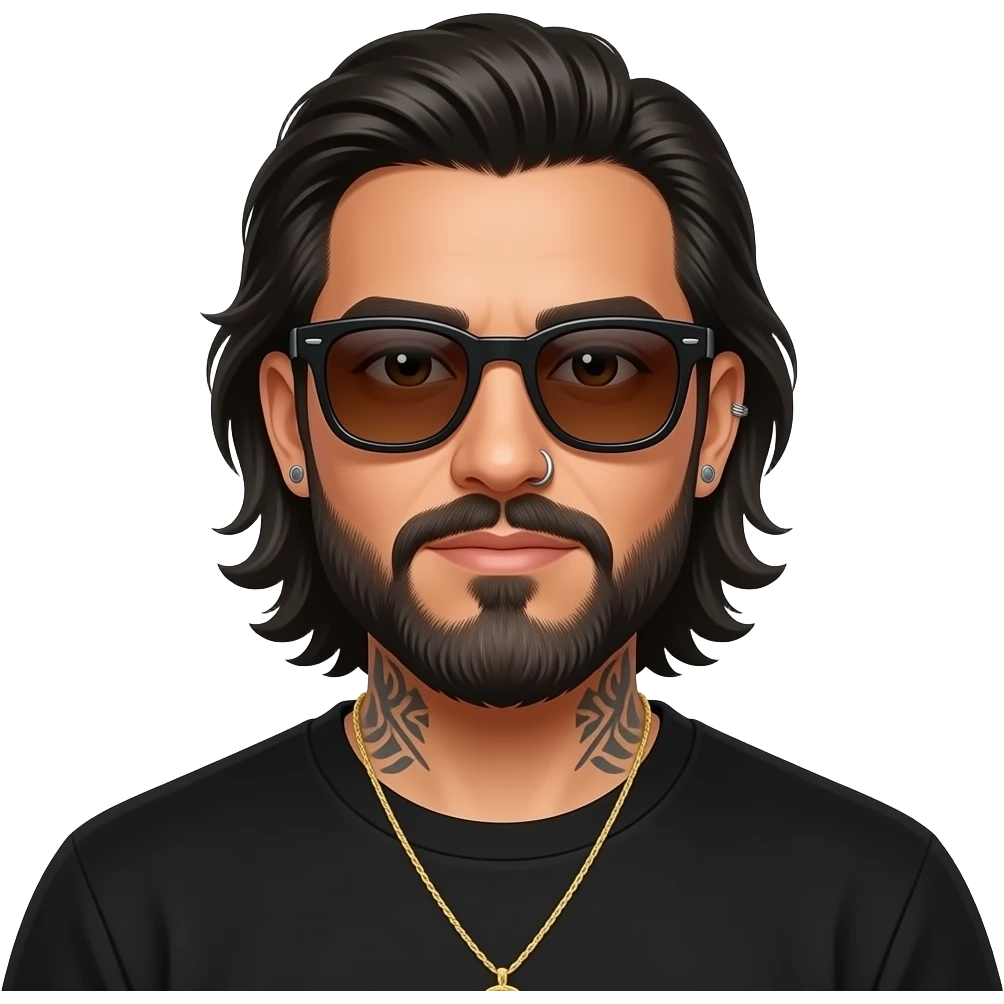 The handsome manly Latino podcast host with medium length hair, a long slightly graying beard and tattoos with his ears pierced 1 time each ear and a nose ring on the right side, dark brown eyes, wearing black, dark sunglasses, and jewelry, going to dinner emoji