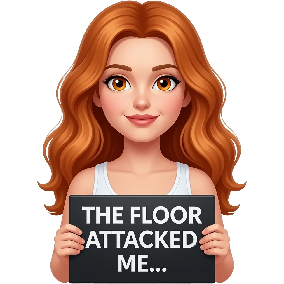 sexy girl with long wavy ginger hair and ginger eyes wearing a white tanktop is holding a black colored sign with THE FLOOR ATTACKED ME... written on it emoji