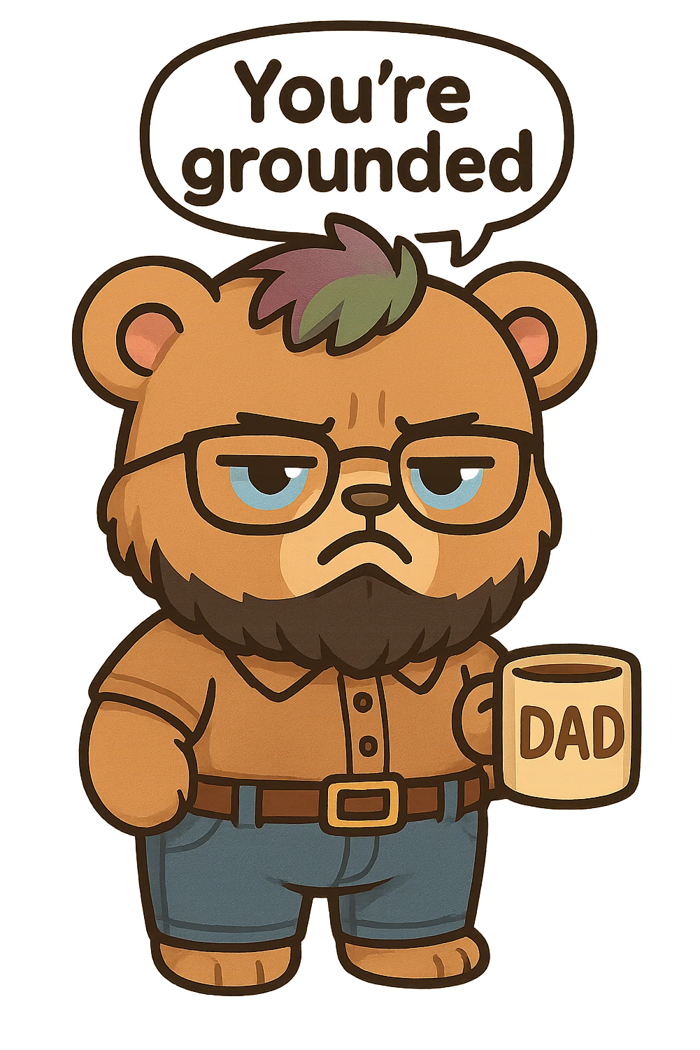 A realism art illustration art style of a plus-sizes teddy bear  with purple to green ombre streak, black beard, blue eyes, glasses, dressed like a dad, holding a coffee mug, You’re grounded speech bubble, frowning  emoji
