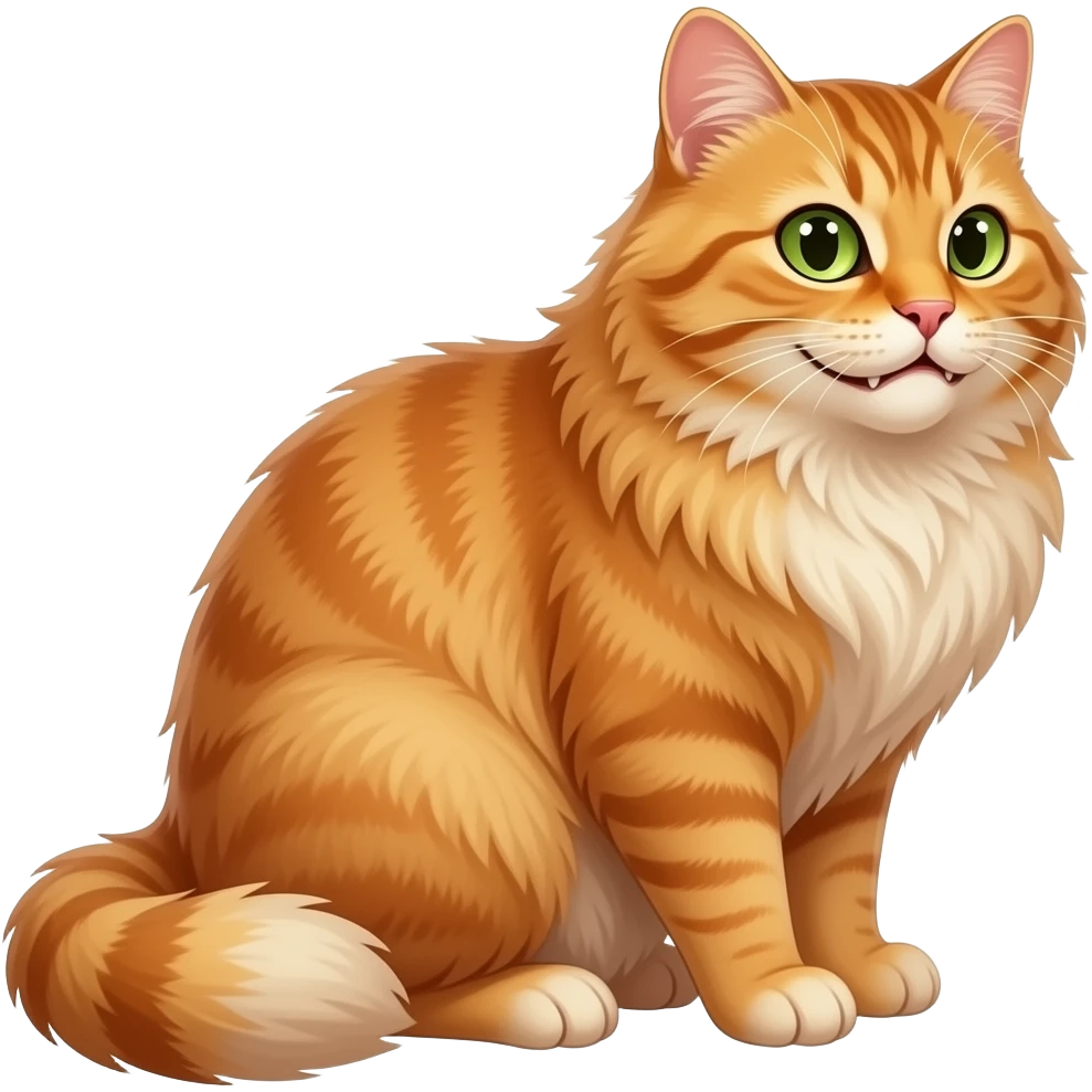 long haired orange cat with determined eyes, green eyes, long haired, smirk, one teeth, full body, sitting, side view emoji