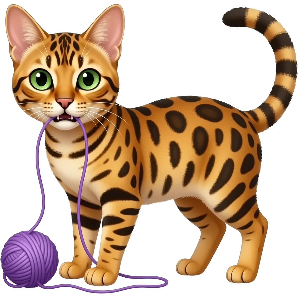 An Egyptian Mau with green eyes, no collar, chewing on purple yarn emoji