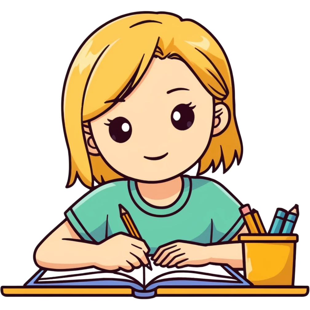 Blonde, hazel-eyed girl studying emoji