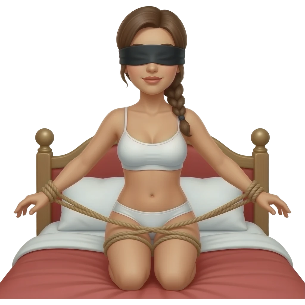 woman in blinfold, in white underwear, braided ponytail, arms and laegs tied to red bed emoji