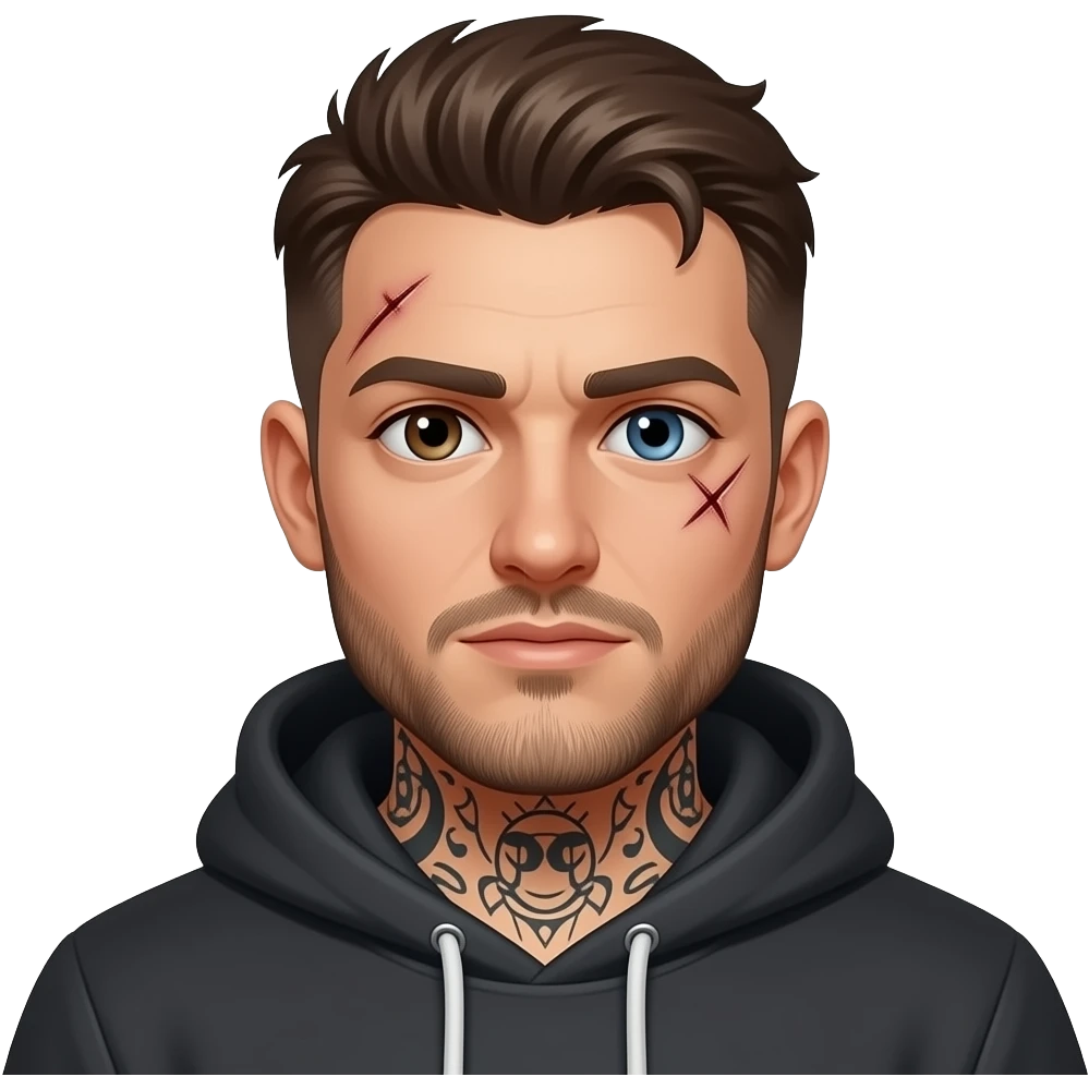Guy, less beard, tattoos, hoodie, left eye dark brown, right eye light blue, scar across the right eye emoji