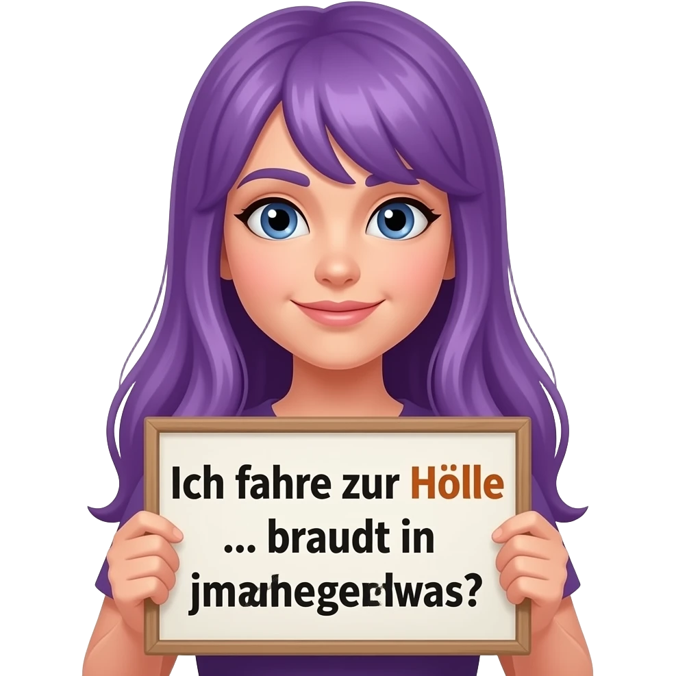 girl with long purple hair holding a ICH FAHR ZUR HÖLLE... braucht ihr irgendwas? sign emoji