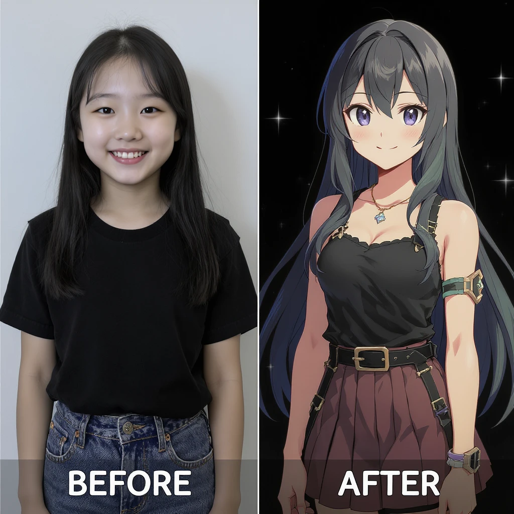create before after image of a girl before is realsitic photo, after is anime version of her in same pose and clothes, add logo with text of a "FLUX Kontext Pro" emoji