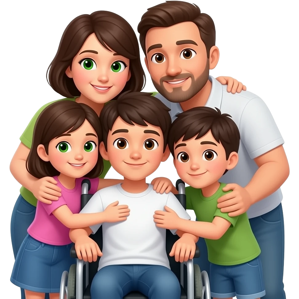 "Emoji WhatsApp Disney minimalista: chico 15 silla de ruedas, piel blanca, pelo corto oscuro, ojos marrón; mamá aparte ojos verdes, pelo negro medio largo; papá aparte ojos marrón, pelo corto leve calvicie, barba mixta; hermanos niña 12 y niño 10; abrazándolo; fondo transparente." emoji