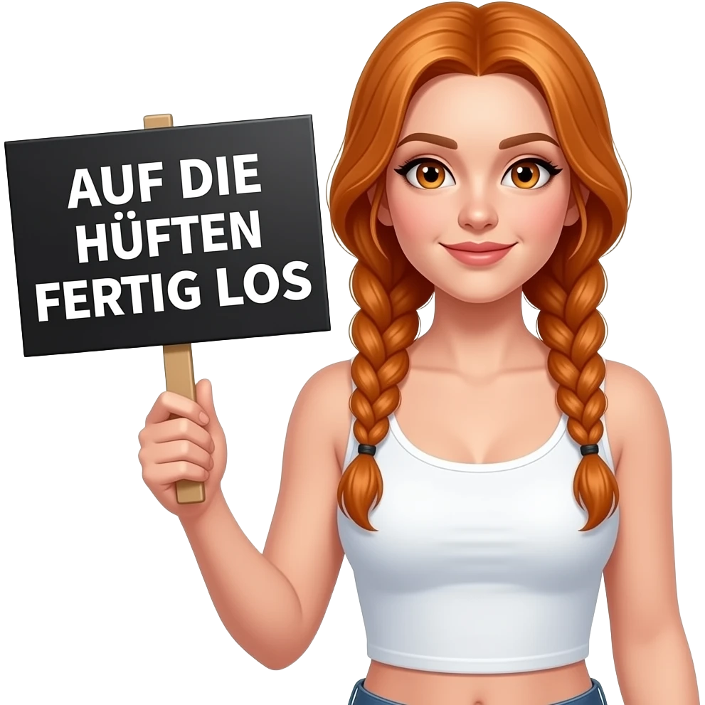 sexy girl with long ginger braids and ginger eyes wearing a white tanktop is holding a black sign with AUF DIE HÜFTEN FERTIG LOS written on it emoji