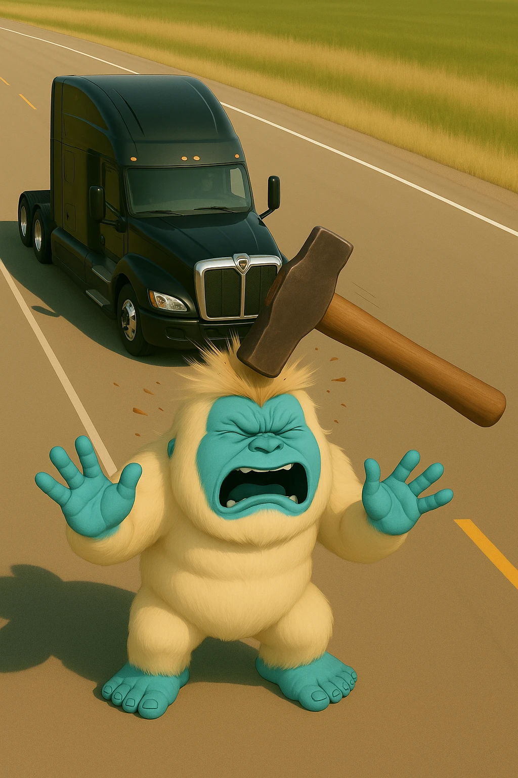Change to a side view: show the modern black Kenworth W680 flat top semi sleeper far behind the abominable snowman, hammer actively hitting the snowman, light and realistic style, no text. emoji