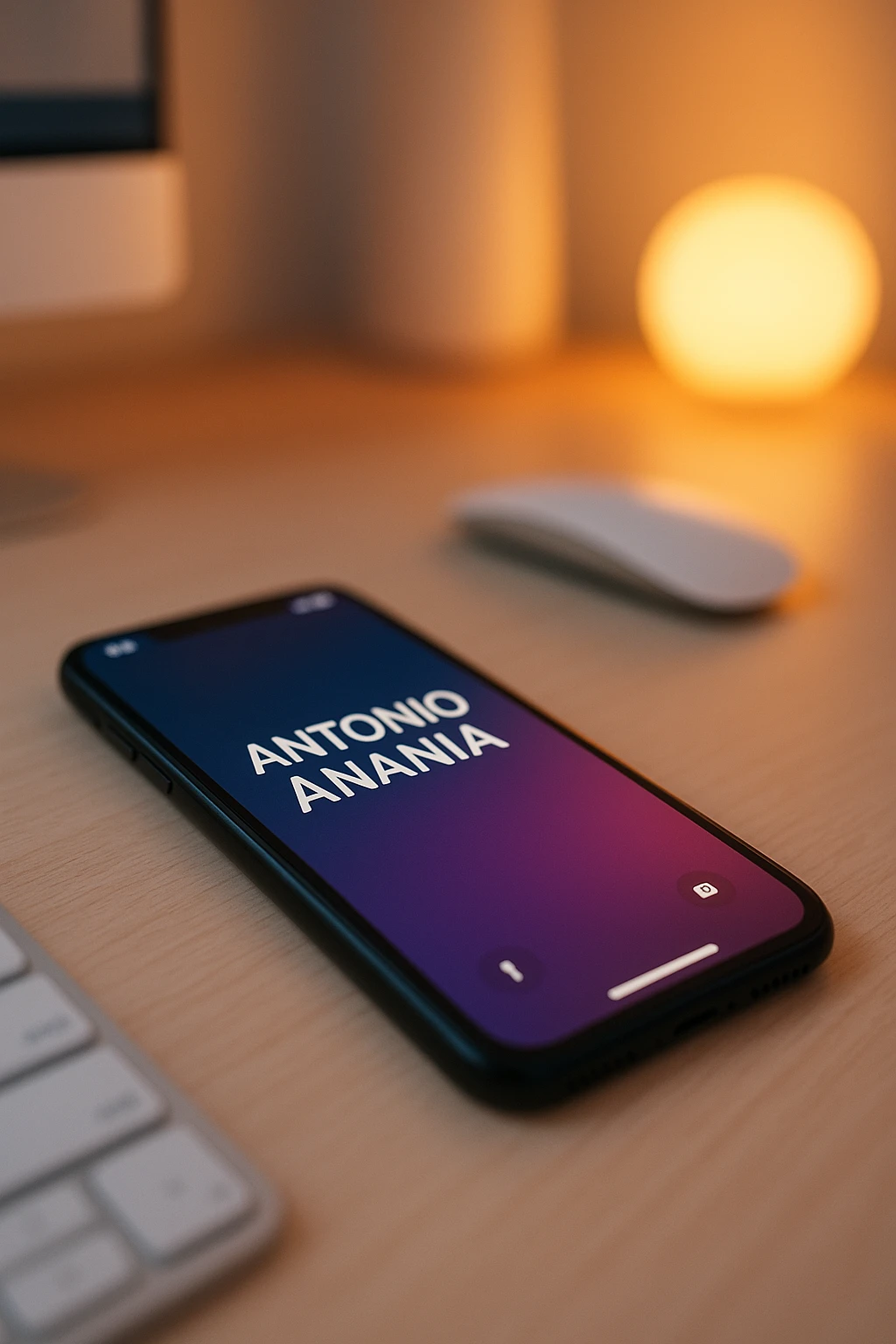 A photo of an iPhone on the desk with the message "Antonio Anania" on its screen, The phone sits atop a desk with a blurred background that suggests work environment. A faint glow from above casts gentle shadows across the surface of each object, creating depth and highlighting their textures emoji