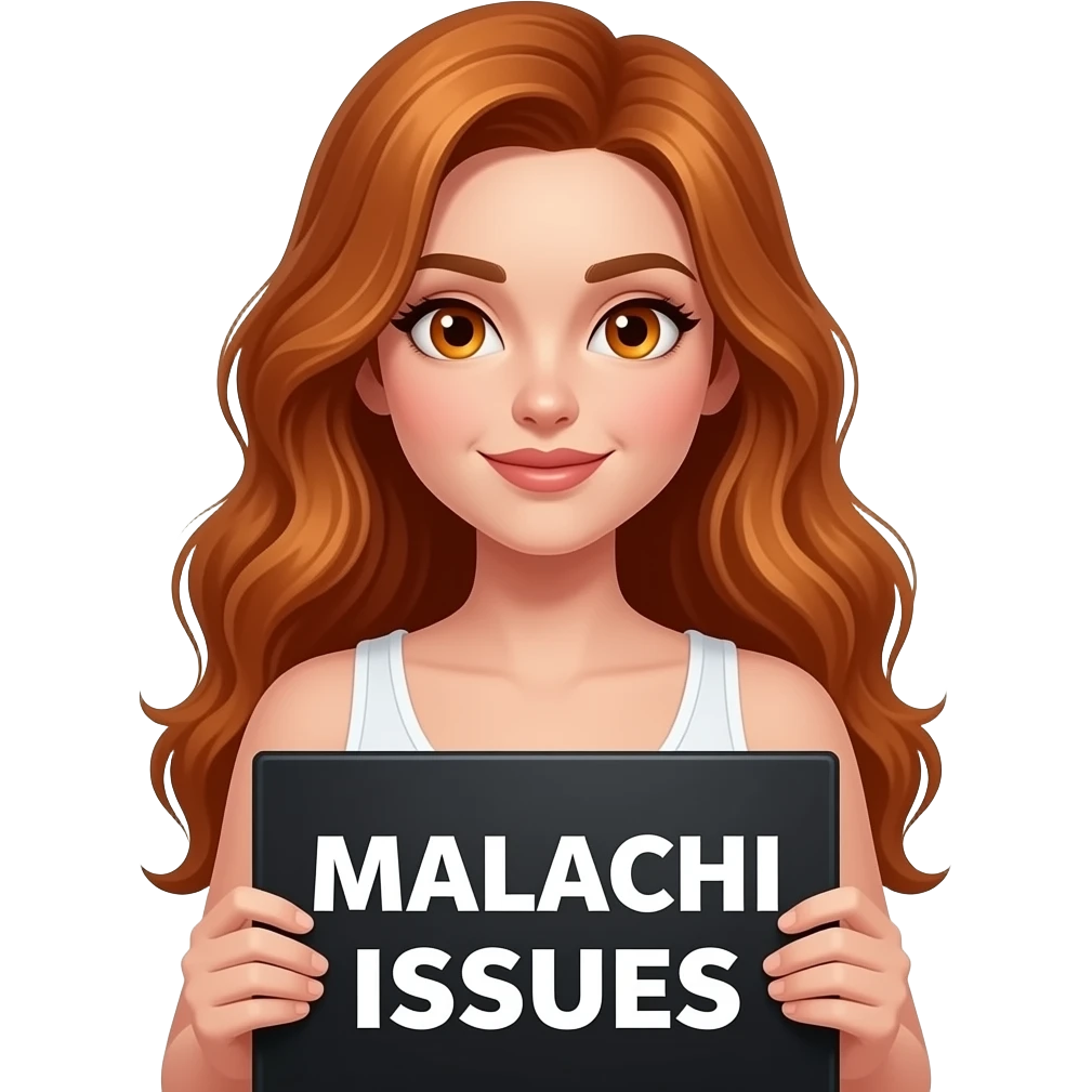 sexy girl with long wavy ginger hair and ginger eyes wearing a white tanktop is holding a black colored sign with MALACHI ISSUES written on it emoji