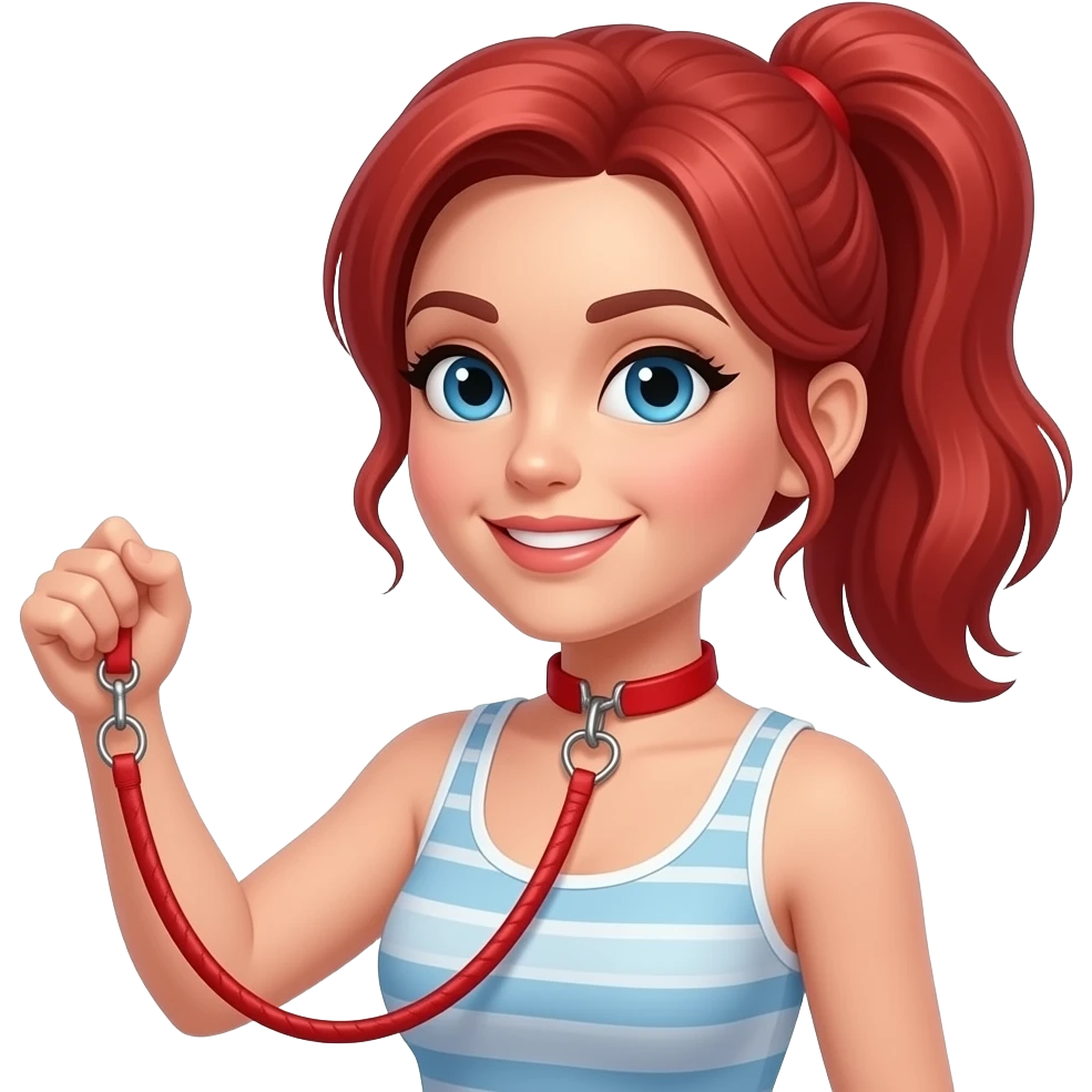 red hair in ponytail blue eyed woman in her 30's in red collar and leash, tank top, leash held up not down heart shaped ring in centre front of collar emoji