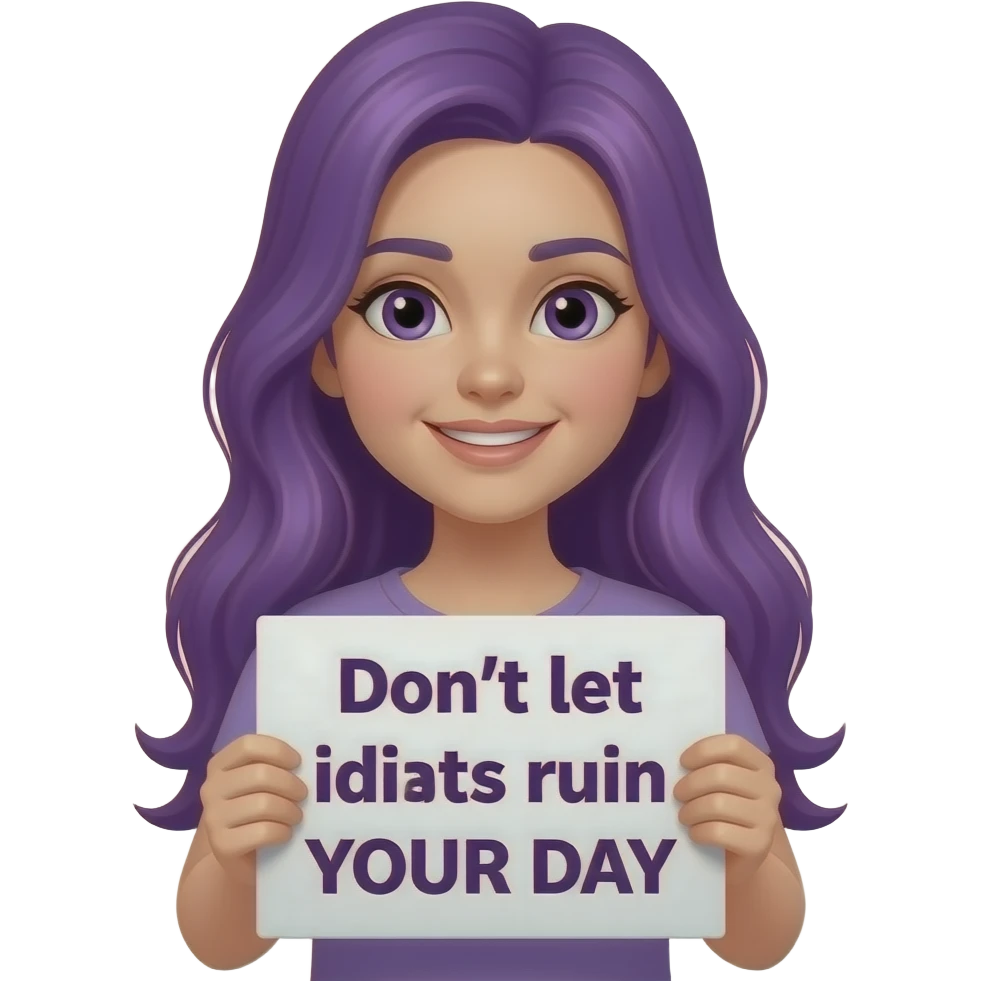 girl with long purple hair holding a Don't let idiots ruin YOUR DAY sign emoji