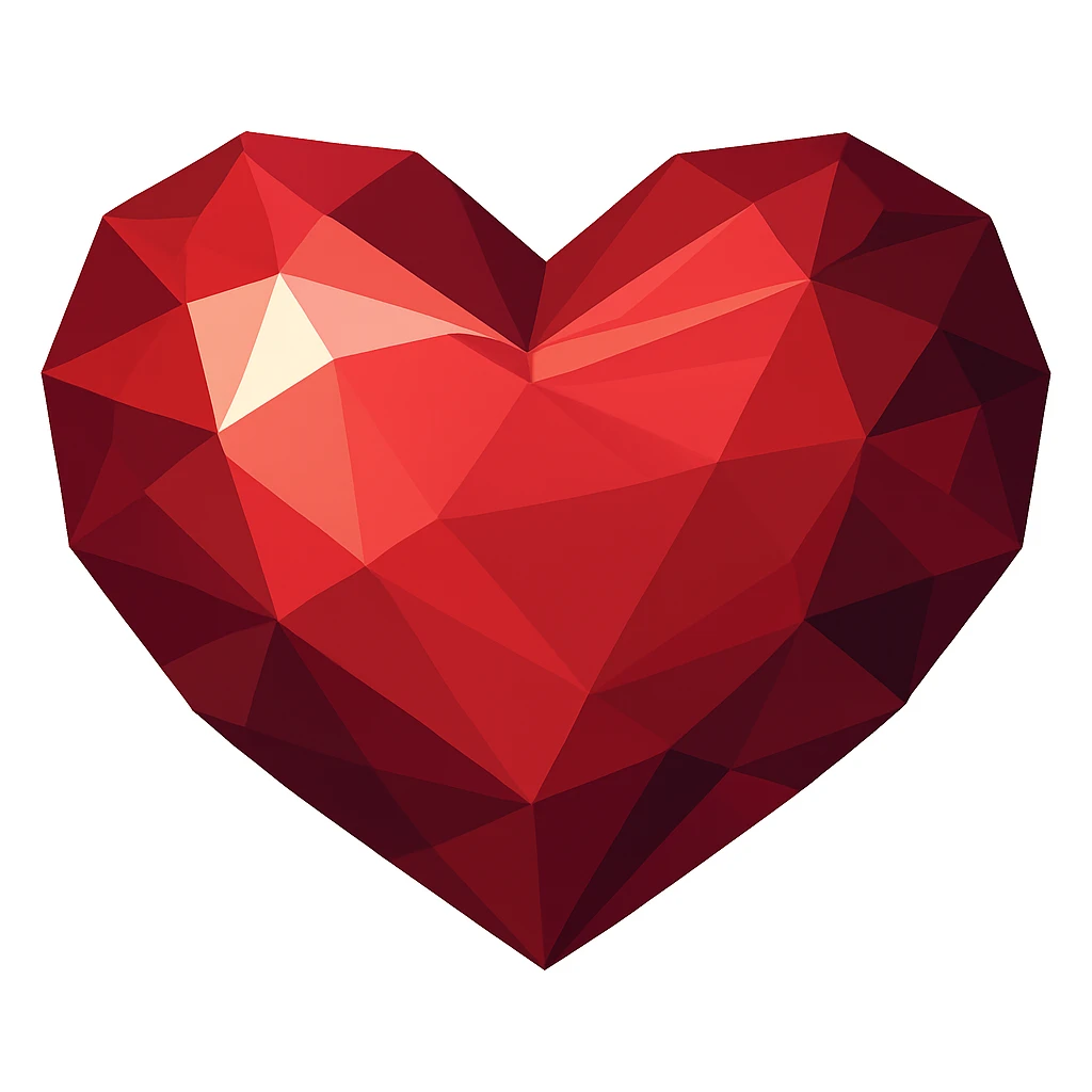 Transform this heart into a ruby in vector illustration style: no outlines, expressive contrasting facets, rich red color, many highlights and shadows, stylized as a vector precious gemstone. emoji