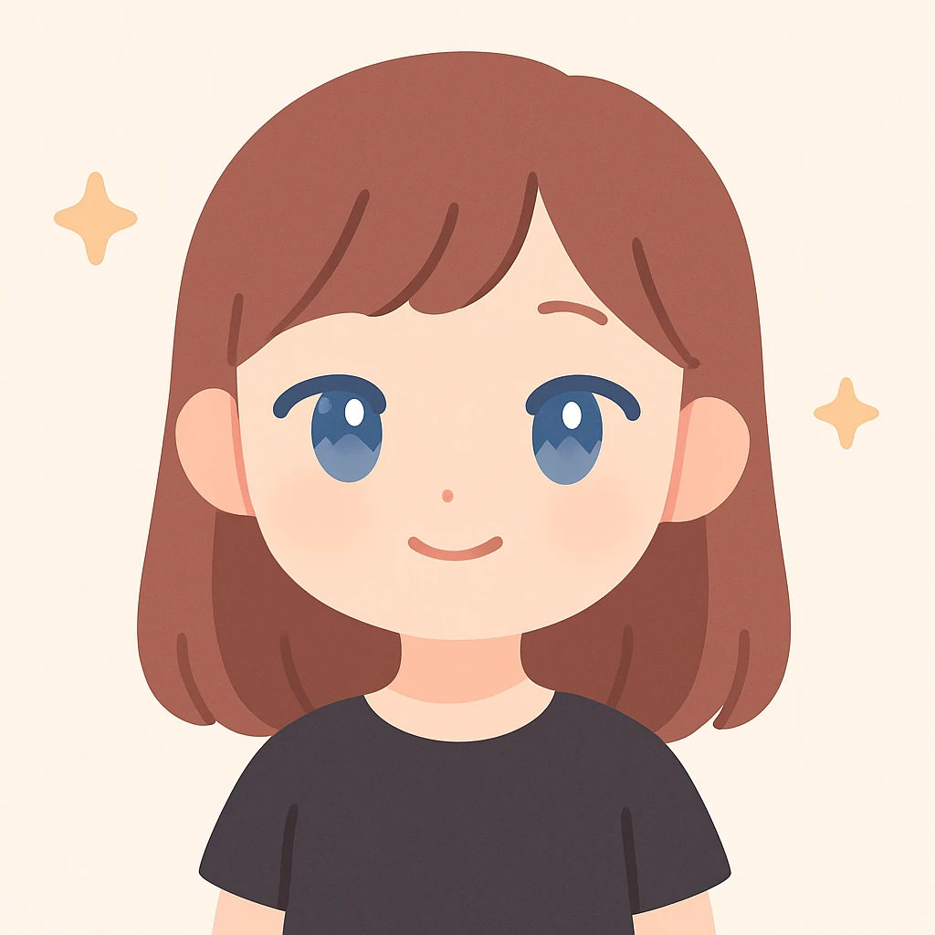 a girl with narrow Asian blue eyes, brown hair, and a small bang below her shoulders, wearing a black T-shirt, soft anime style emoji