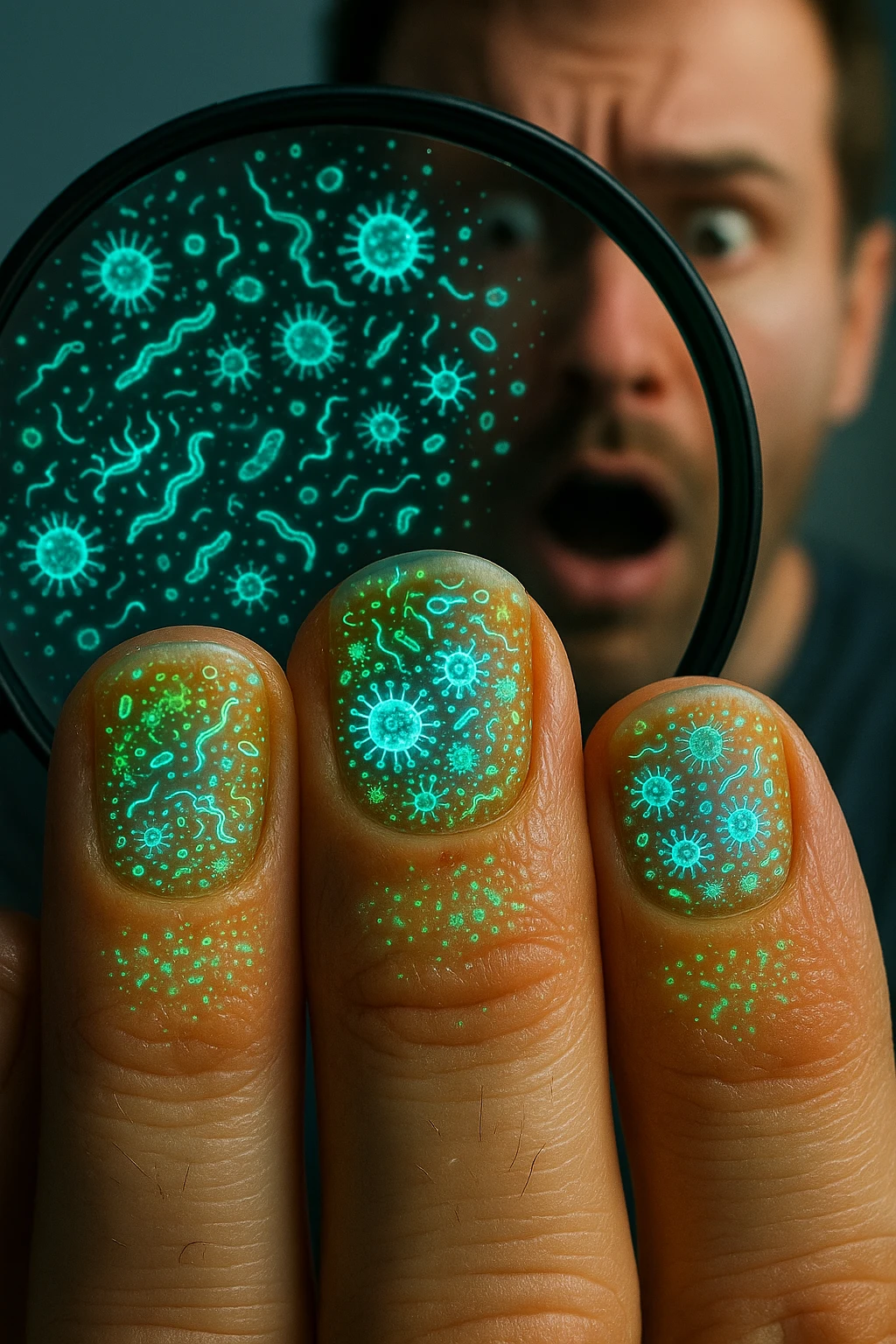 "Close-up macro shot of man's fingernails with transparent overlay showing dense colonies of bacteria, viruses, and parasites thriving in nail beds, millions of pathogens visible as glowing microscopic organisms, expression of shock as he examines his hands under magnification, nail debris containing more germs than toilet water, fingertips becoming mobile germ factories" emoji