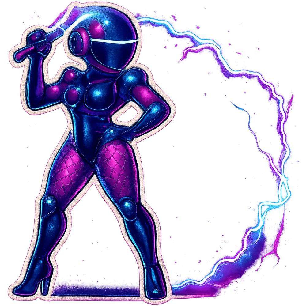 Add more electric energy and glowing sparks to the lightning whip, make the energy look intense and dynamic, keep the retro sticker style, glossy black and purple robot, transparent background. emoji