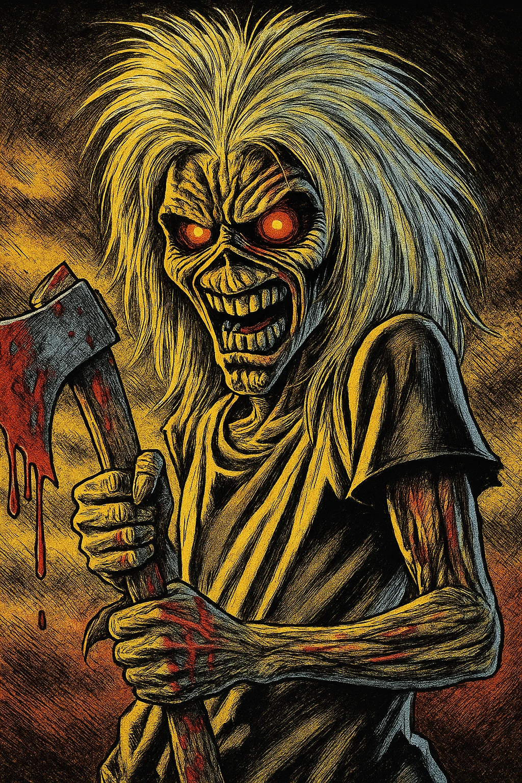 Eddie from Iron Maiden 'Killers', close-up, wild hair, glowing eyes, holding bloody axe, comic book style emoji