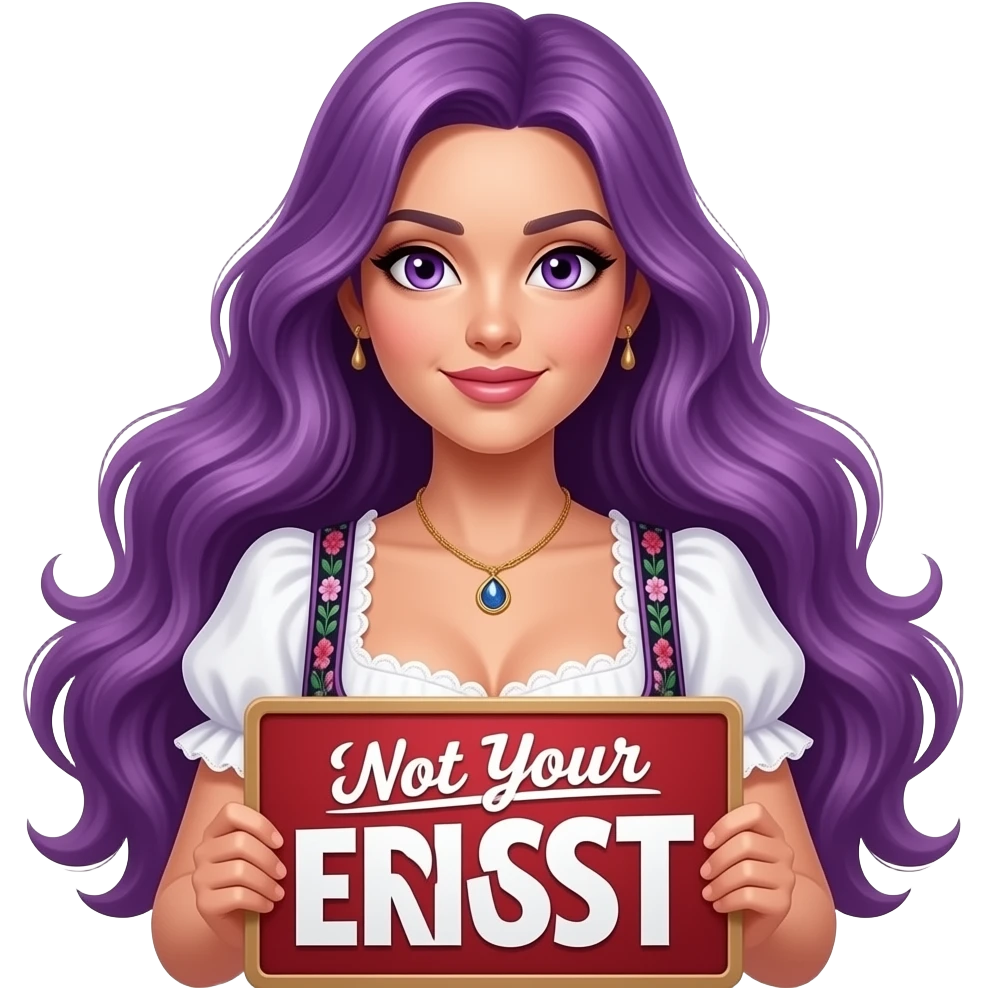 sexy girl with long purple hair and purple eyes wearing a dirndl holding a Not Your ERNST sign emoji