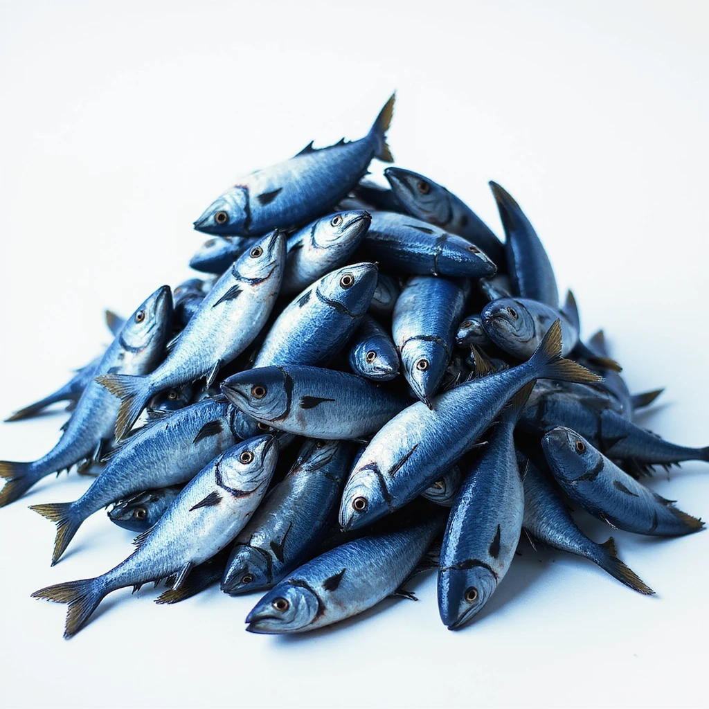 large, realistic pile of blue fish, loosely pyramid-shaped, not a perfect triangle, photorealistic style, variation 1 emoji