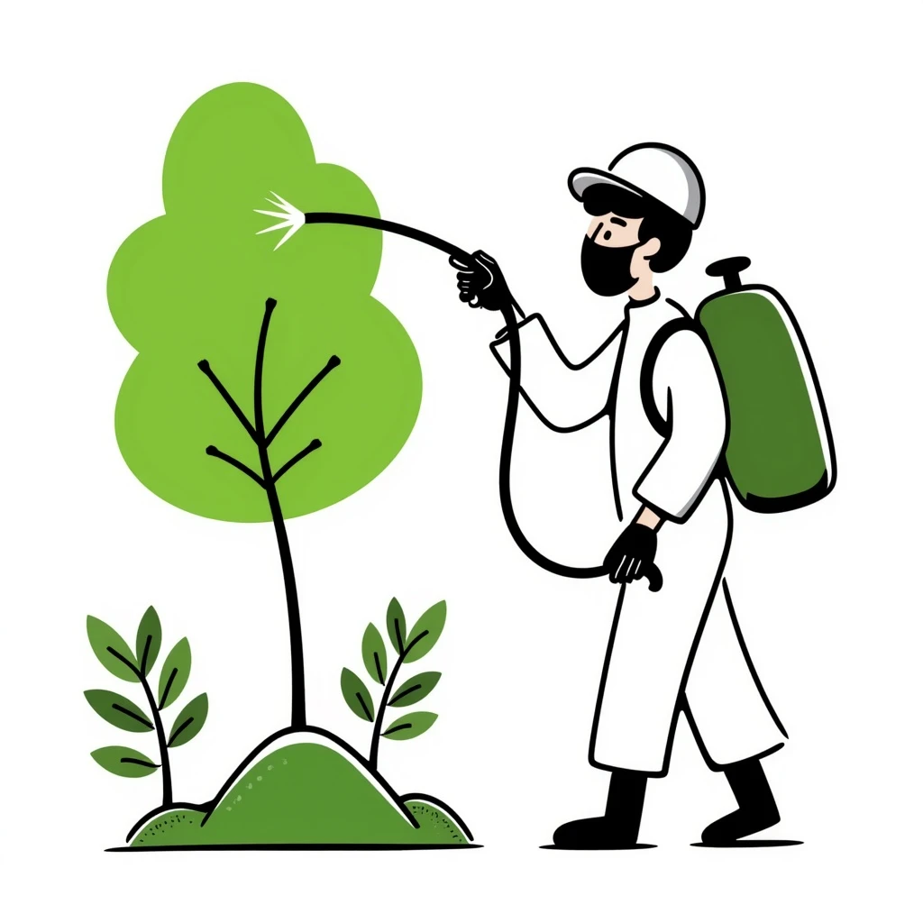 A gardener in protective suit and mask spraying a tree with a sprayer, performing chemical pest control. Bright green garden with trees, visible spray droplets, atmosphere of professional plant protection and garden care emoji