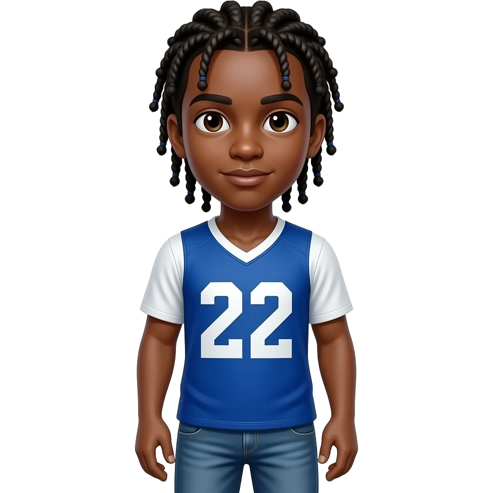 African American teenage boy with cornrow braids wearing a blue and white jersey shirt with 22 on it wearing jeans emoji