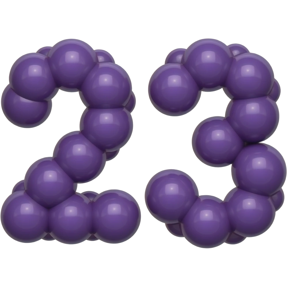👉  TWO👉 "numbers 28 and 23 made of grapes texture, purple grape color, 3D glossy, smooth rounded shapes, cute cartoon style, isolated on white background, high detail" emoji