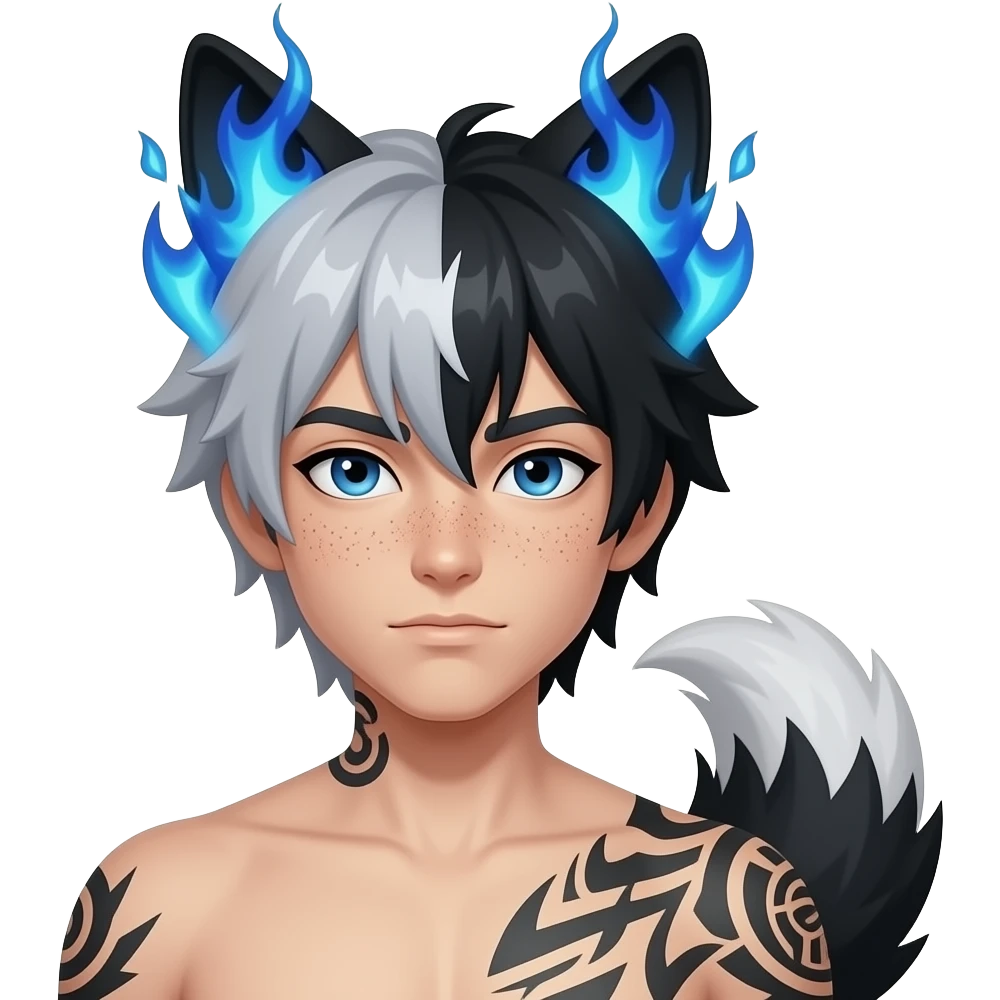 short grey hair and half black hair with white tips on hair ends, has freackles on nose and cheeks, with two blue flames on head, black fire, Wolf ears, and a fluffy long fur wolf tail, a lean muscular body, with black tattoos, and light blue bright eyes, emoji