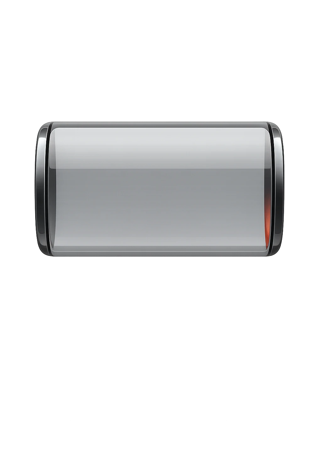 iPhone-style emoji of a battery that is almost empty, with a small red bar at the end indicating low energy. Clean, minimal, glossy look, transparent background. emoji