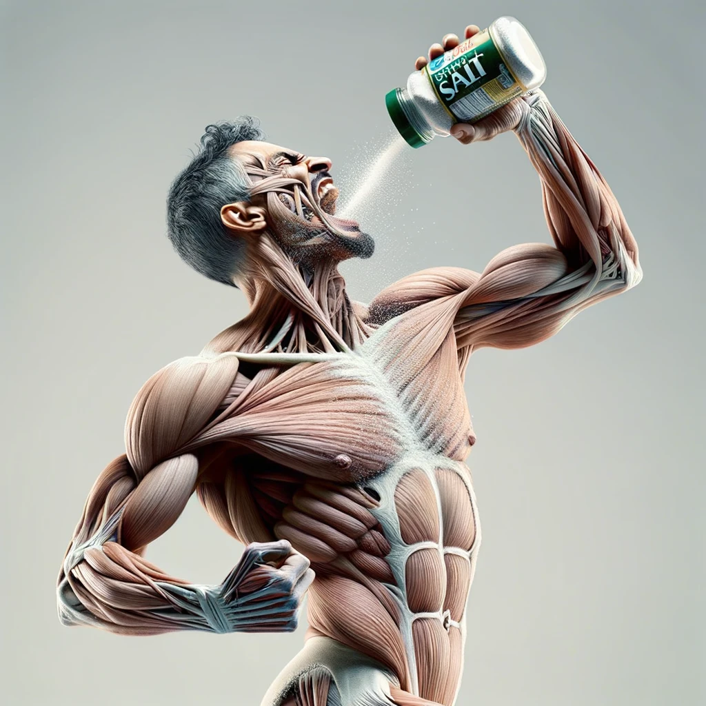 A REALISTIC ANATOMIC human body holding a jar with "CELTIC SALT" written on the label, he throws it in his mouth DURING BREAKFAST, NEUTRAL CLEAR BACKGROUND emoji